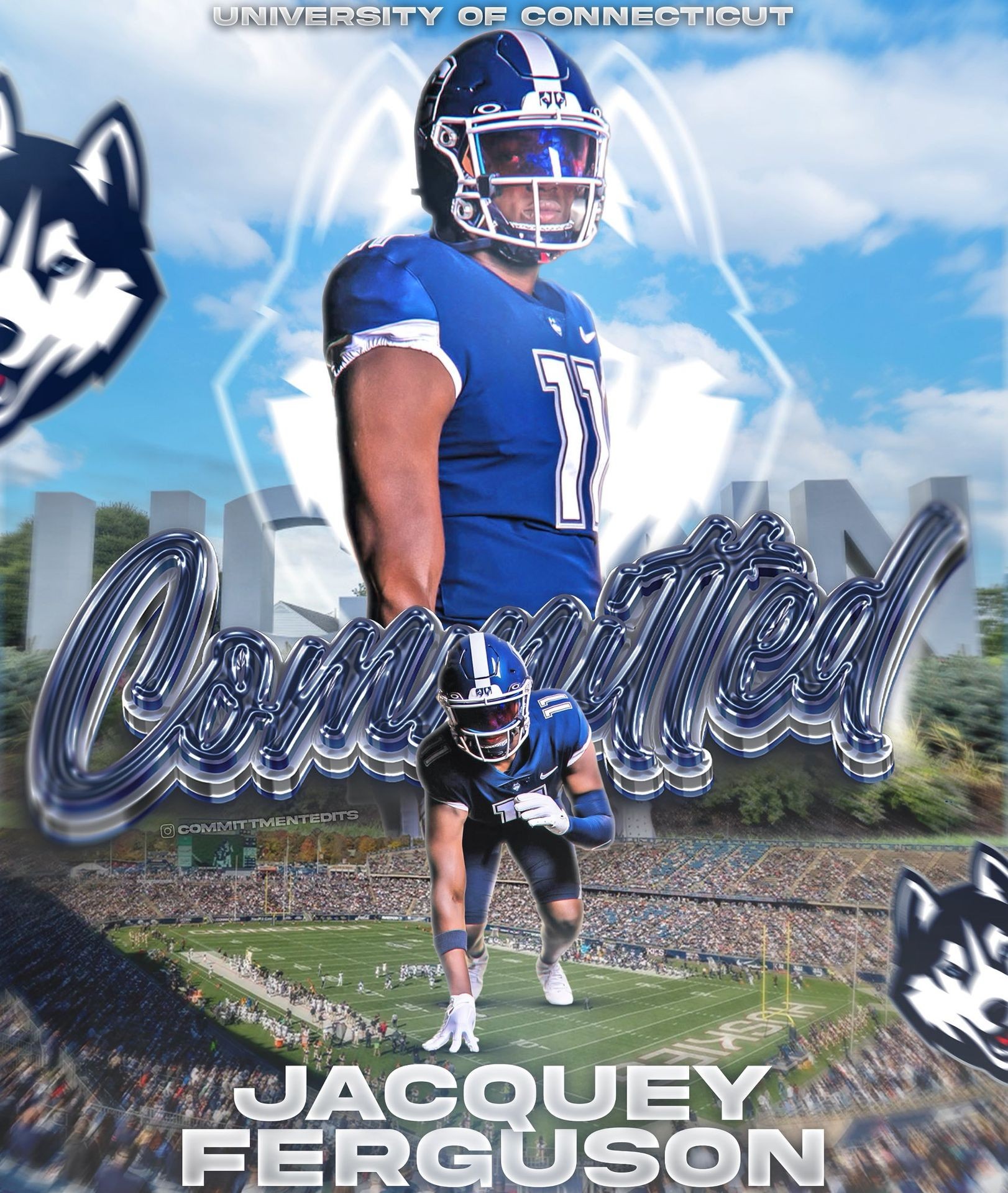 Graphic of football player in blue and white uniform with 'Committed' text and stadium background.